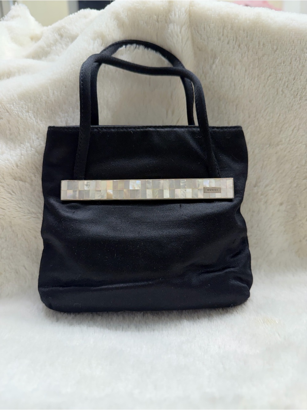 RARE Gucci Black Satin Tote with Mother-of-Pearl Accent
